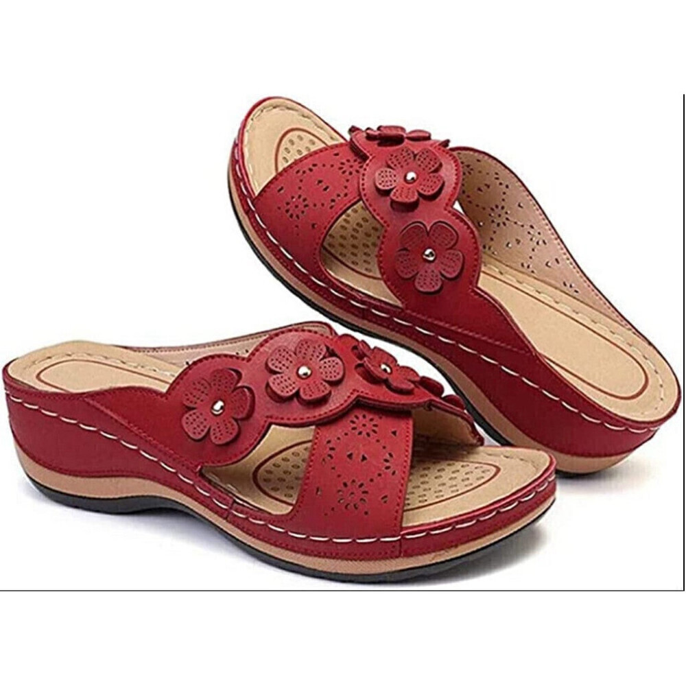 Floral Casual Wedge Sandals In Red - Picture 2 of 5